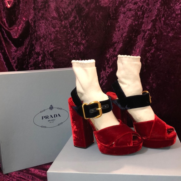Prada Velvet Chunky Heel Sandals - Picture 2 of 16